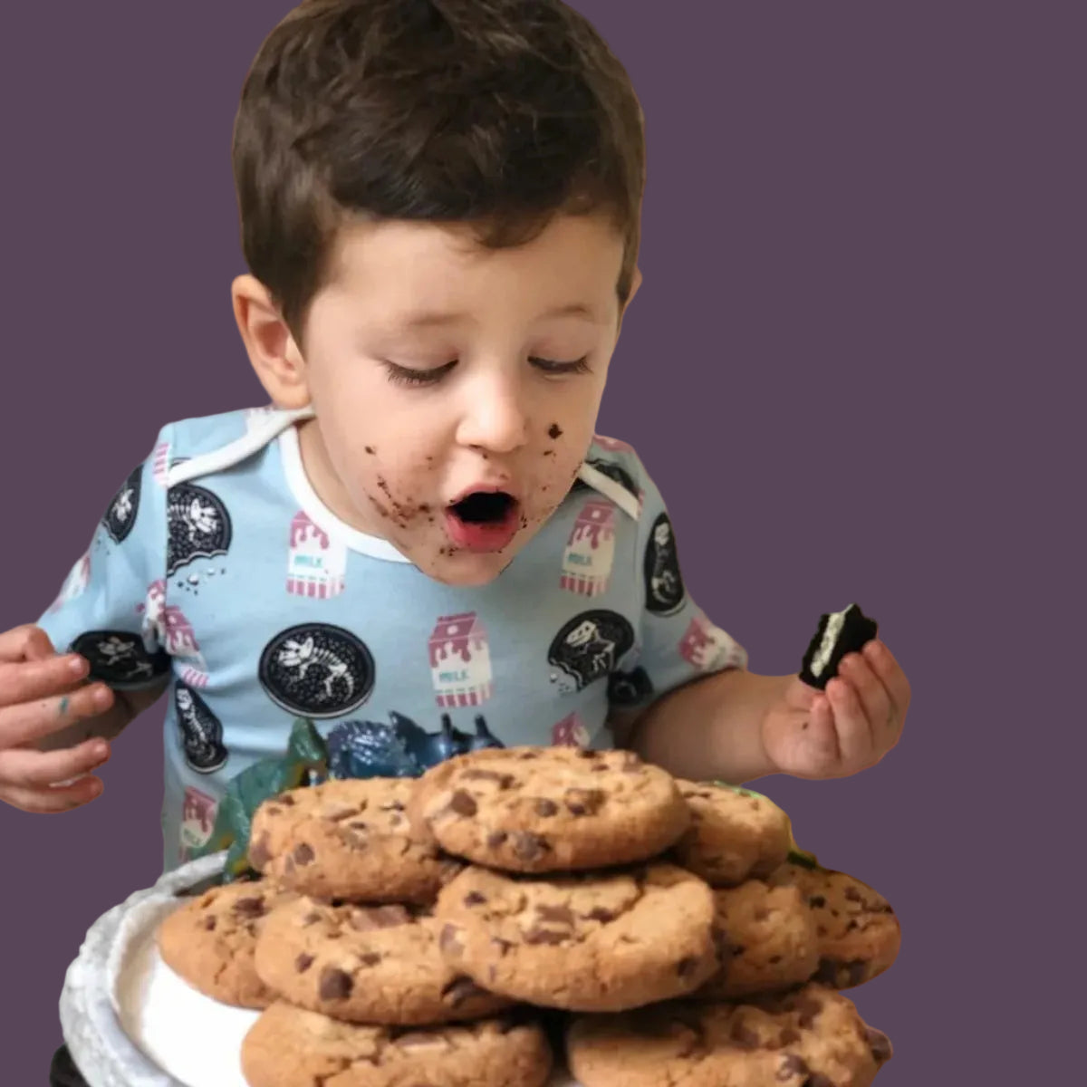 A young child wearing a light blue dinosaur print shirt sits behind a white pedestal covered in chocolate chip cookies, holding Oreo cookies. The scene is decorated with cupcakes and toy dinosaurs against a light brick wall background.
